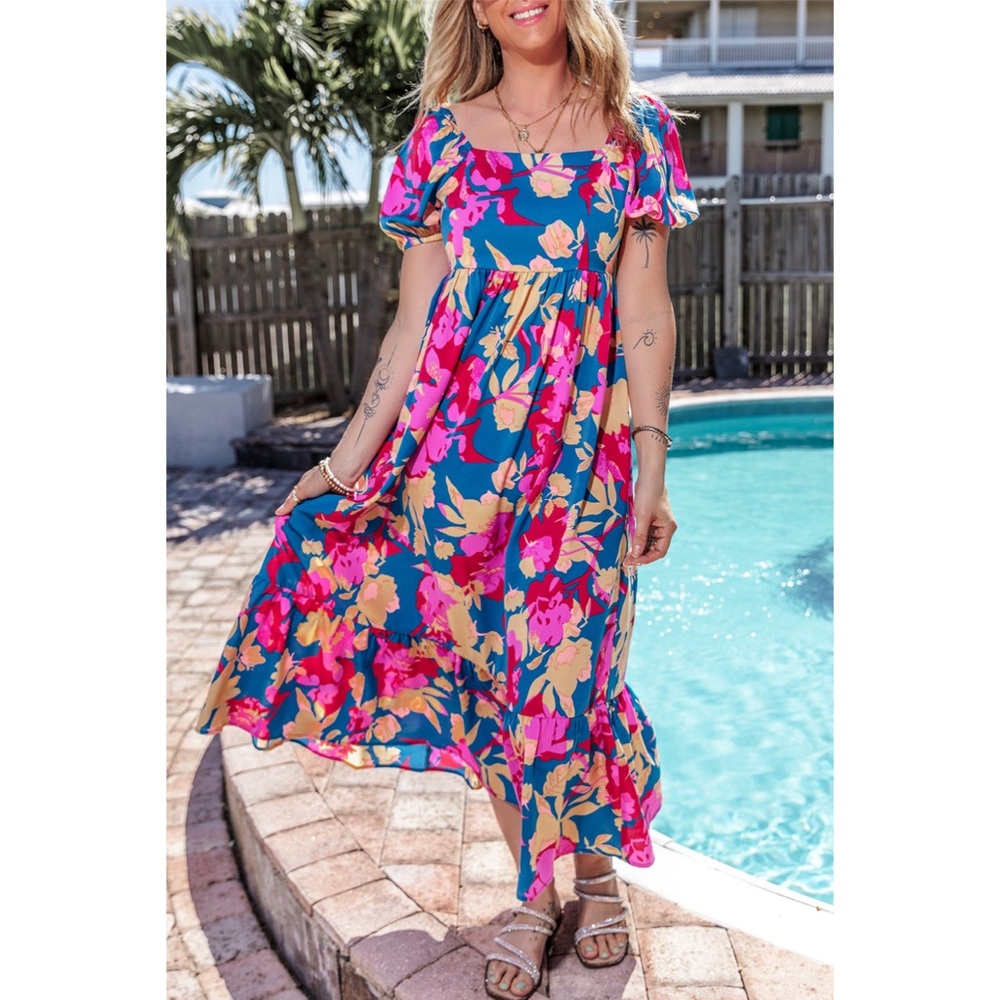 CLEARANCE! Blue Floral Bubble Sleeve Flowy Back Zip Square Neck Midi Dress! - Picture 3 of 11